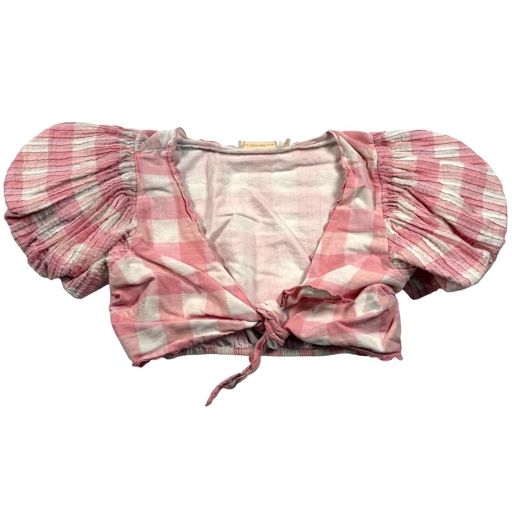 LoveShackFancy Gingham Puff Sleeve Front Tie Crop Top Womens Pink White